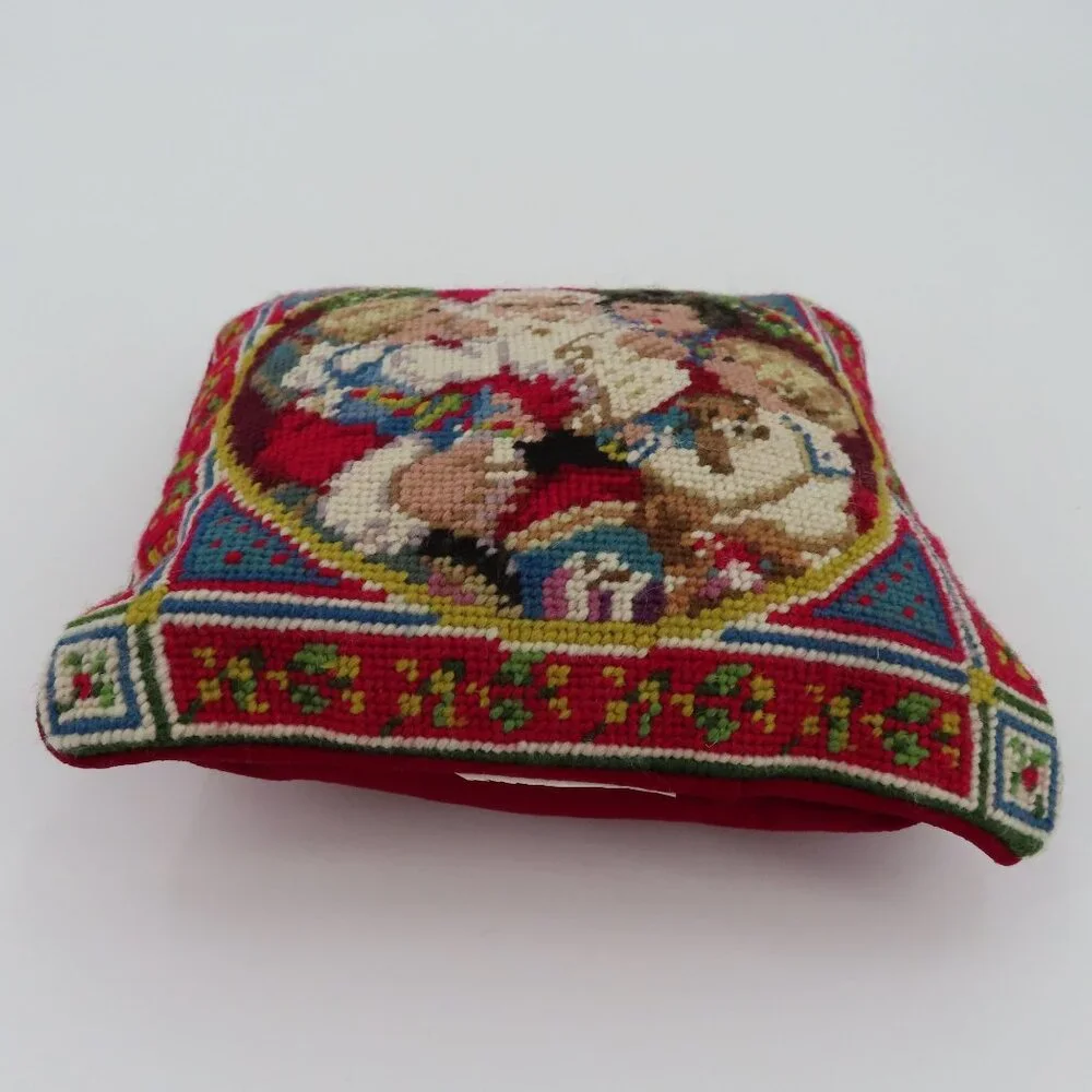 Santa Claus Children Christmas Red Velvet Needlepoint Throw Pillow Xmas Holiday